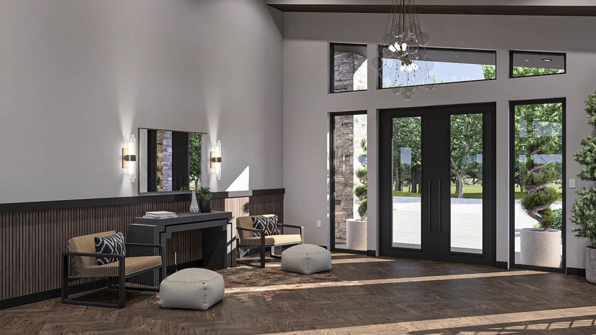 Modern entryway with double doors, stone accents, clerestory windows, wood-paneled wall, and seating area.