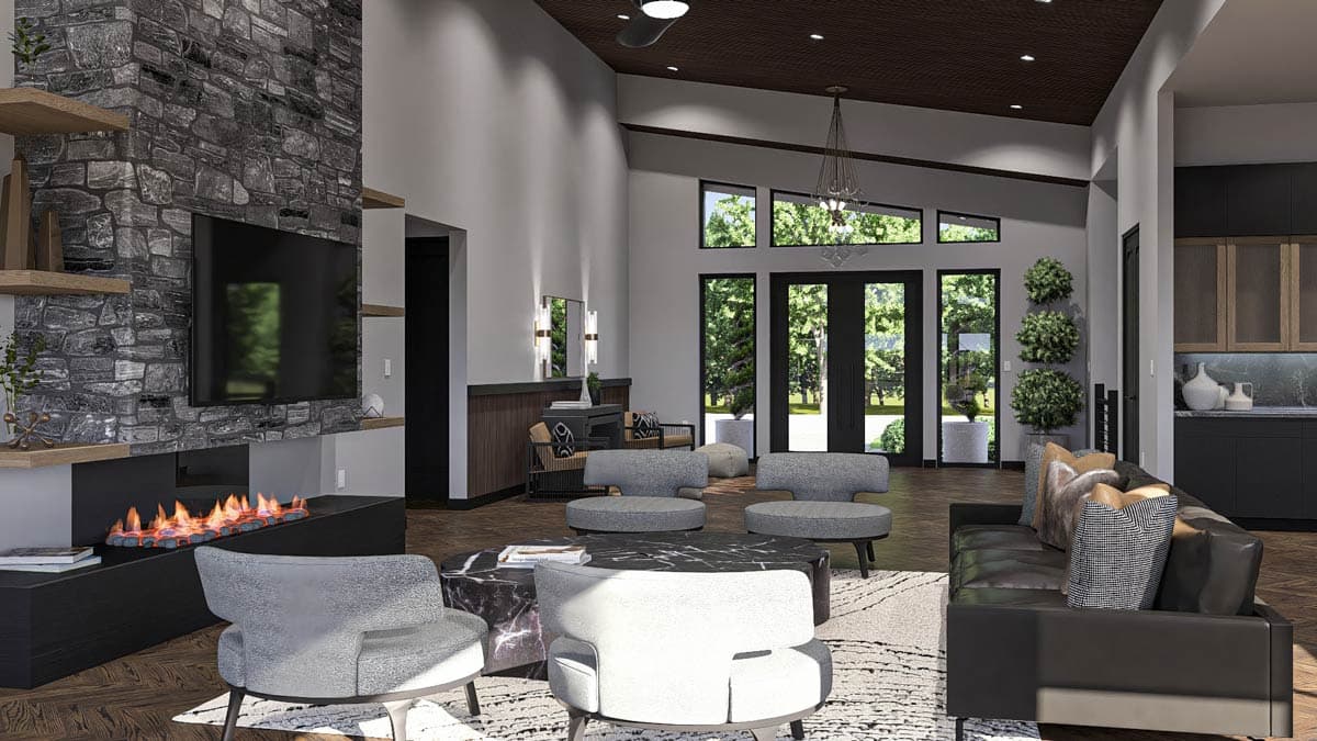 Interior rendering of a great room with vaulted ceiling, stone fireplace, large windows, and modern furnishings.