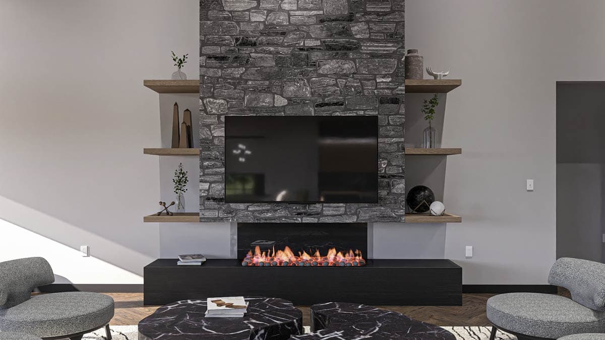 Interior rendering of a living room with a stone-clad fireplace, mounted television, and floating shelves.