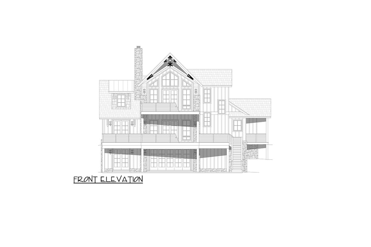 Front elevation house plan with stone chimney, gabled dormers, and multiple levels of balconies.