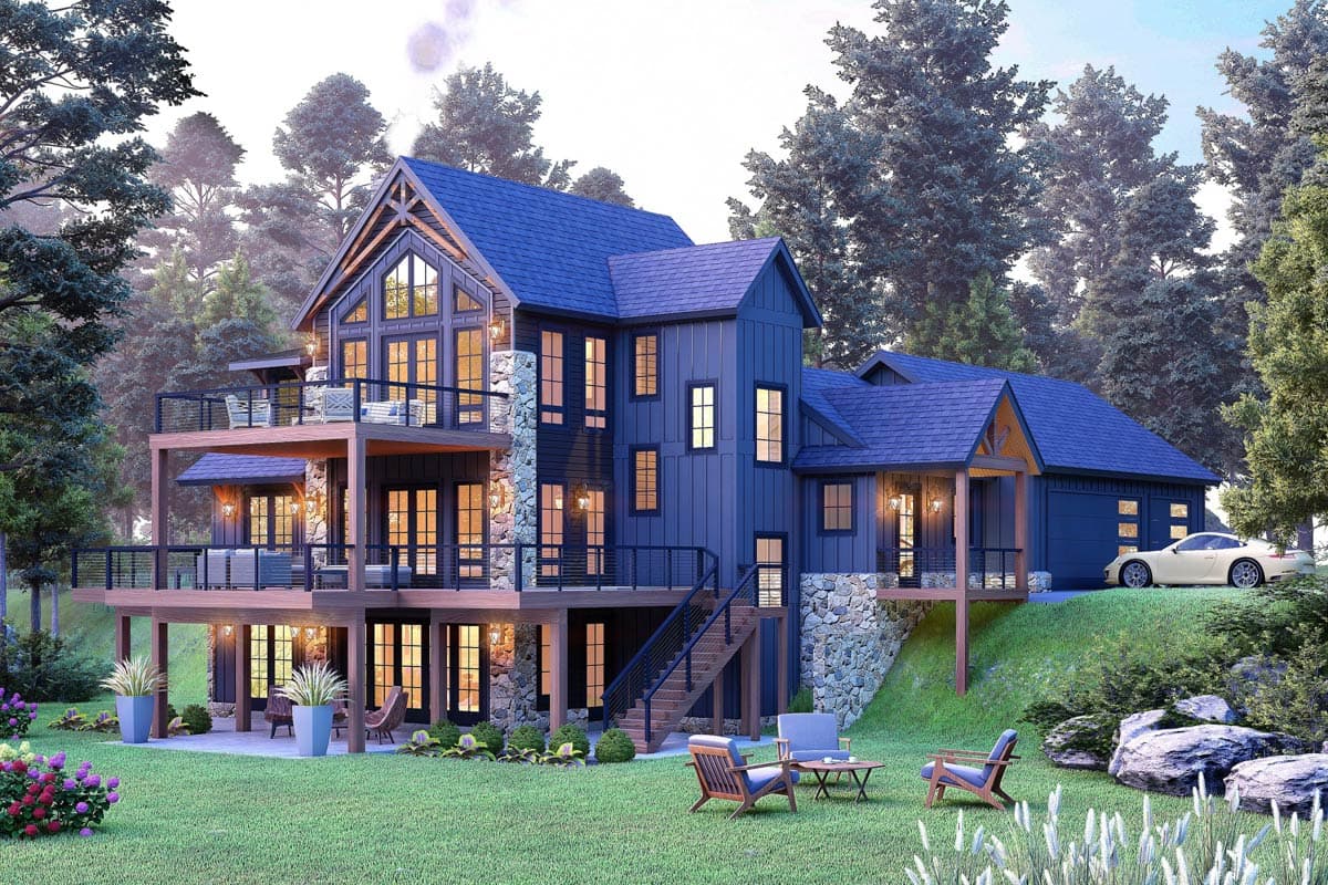 House plan exterior. Two-story Modern house with stone accents, a gable roof, and multiple decks. Garage has a covered porch.
