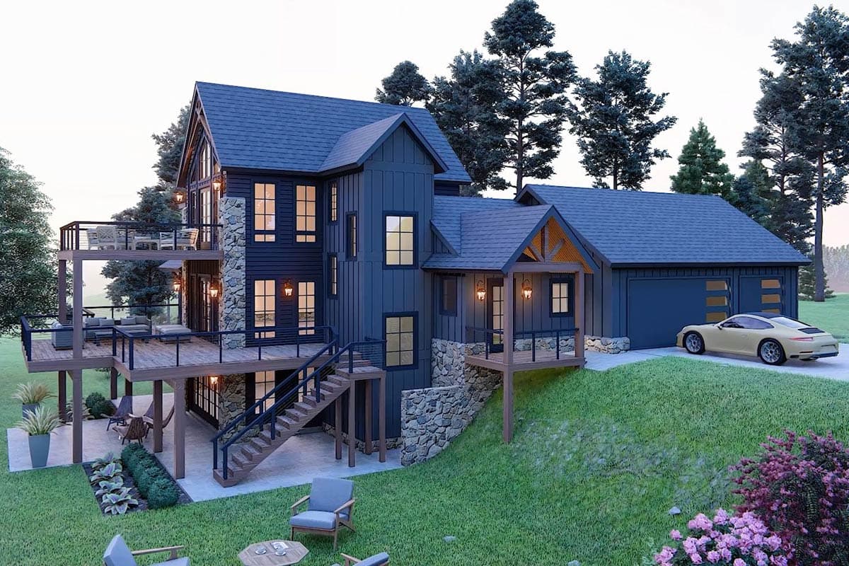 Modern Farmhouse house plan exterior, two stories, stone accents, multi-level decks, and attached garage.