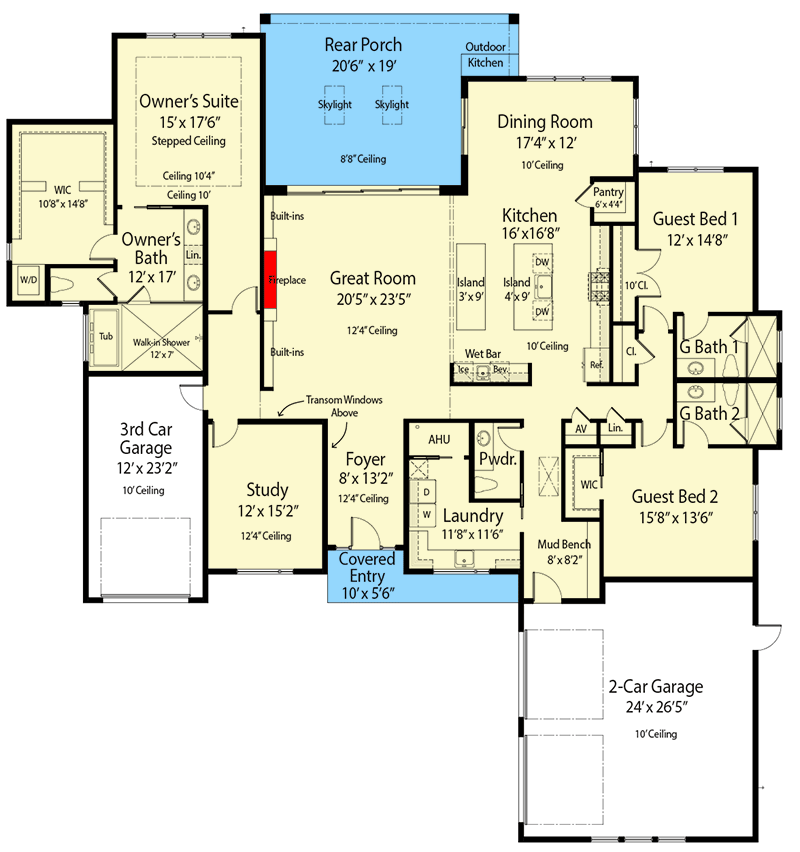 Plan 33264ZR: 3-Bed Contemporary Mountain House Plan with Two Kitchen Islands - 3320 Sq Ft - Floor Plan - Main Level - Contemporary, Mid Century Modern, Modern, Mountain, Ranch