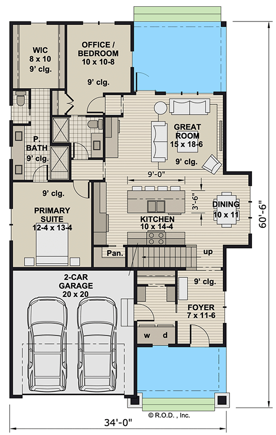 Plan 14837RK: 4-Bed Traditional Craftsman House Plan with Home Office - 2223 Sq Ft - Floor Plan - Main Level - Country, Craftsman, Traditional