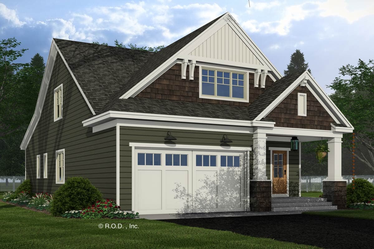 Modern farmhouse style house plan exterior with two-story design, visible dormer, gable roof, and front-facing garage.