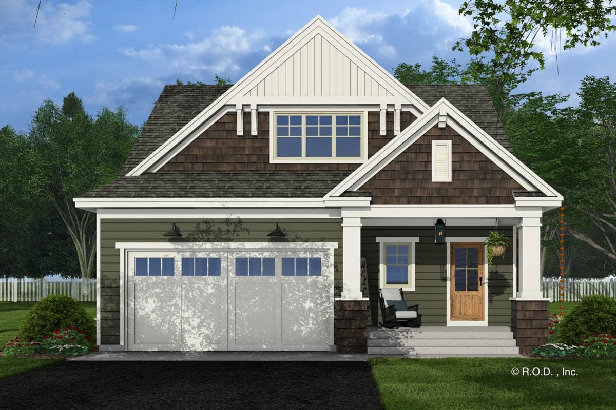 House plan exterior: Craftsman style, two-story with shingled gables, dormer, and covered front porch with decorative supports.