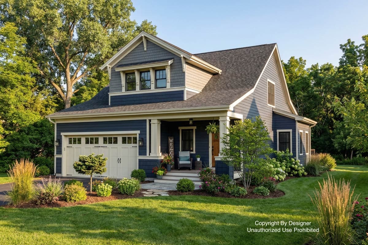 A two-story blue house with a beige garage door and trim. A 'Welcome' sign hangs on the porch, with lush landscaping and trees surrounding it.