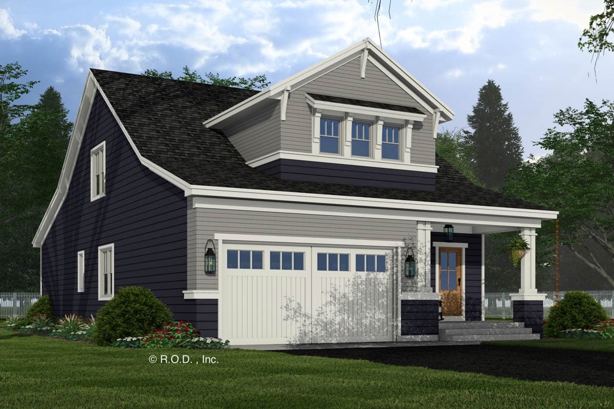 Craftsman house plan exterior with gabled dormer, covered porch, and two-car garage.