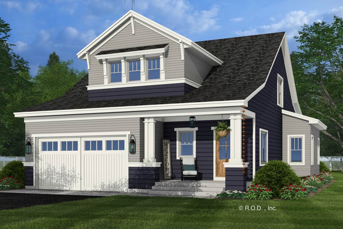 House plan exterior: Modern Farmhouse style, two stories, with gabled dormers, a covered front porch, and a two-car garage.