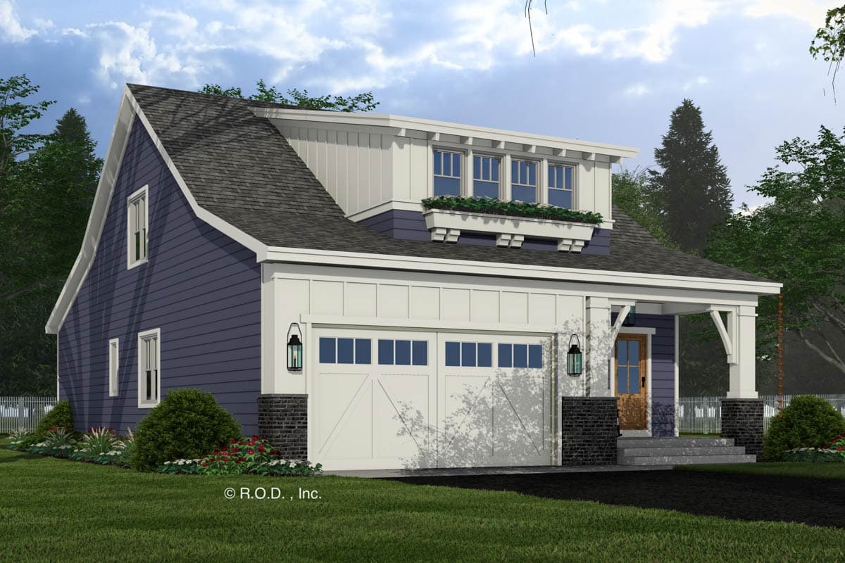 House plan exterior: Blue siding, dormer with windows, covered porch, and two-car garage with cross-buck doors.