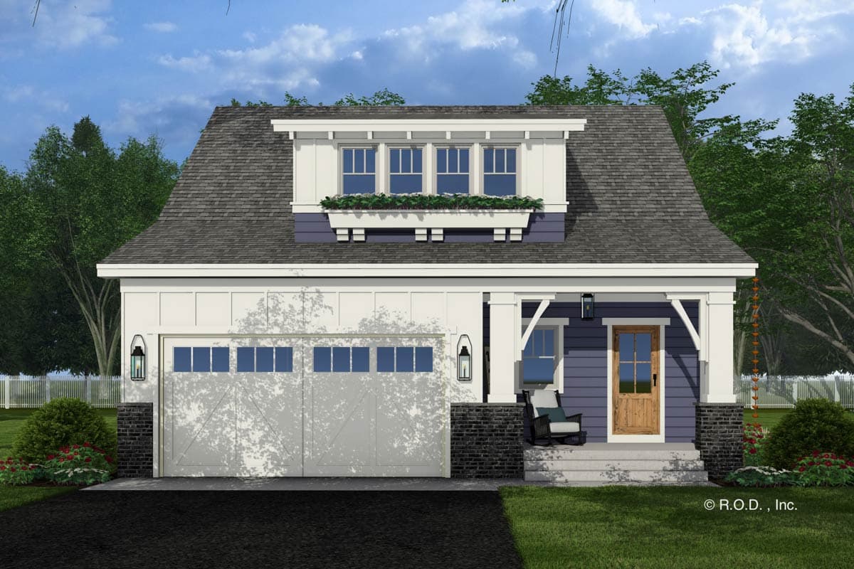 House plan exterior: two-story, dormer with windows and planter box, large garage doors, and covered front porch with wood door.