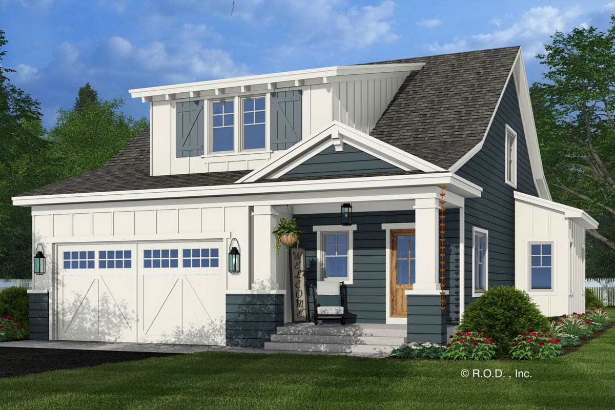 Modern Farmhouse house plan exterior with board and batten siding, covered front porch, dormer windows and a two-car garage.