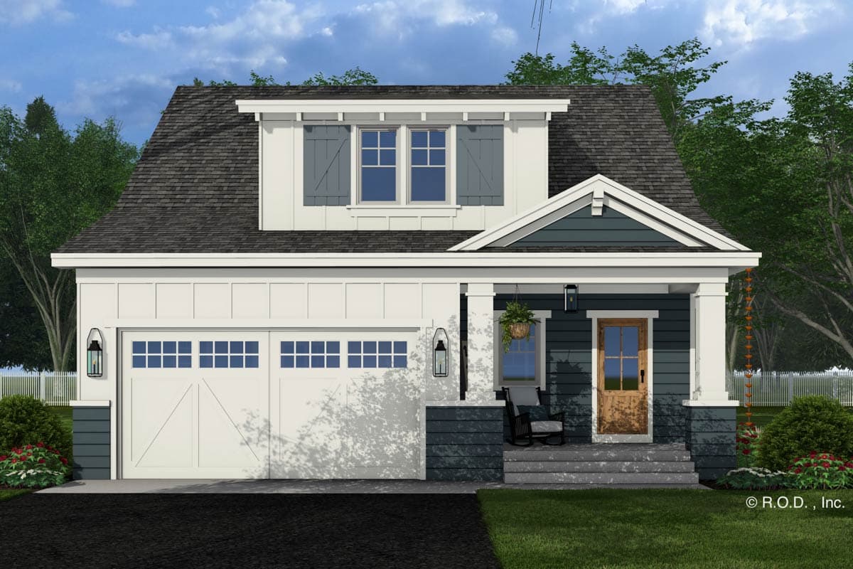 House plan exterior: Two-story Modern Farmhouse with a dormer window, board and batten siding, a covered front porch, and a double garage.