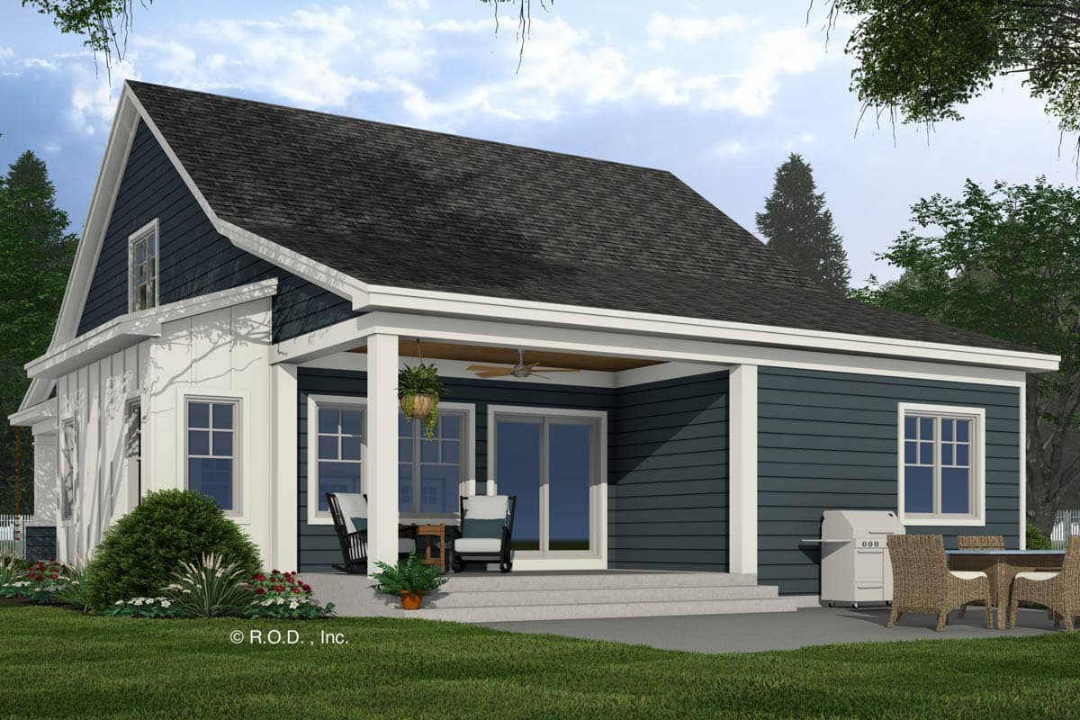 House plan exterior: A two-story Modern Farmhouse with a covered porch, board-and-batten siding, and gables.