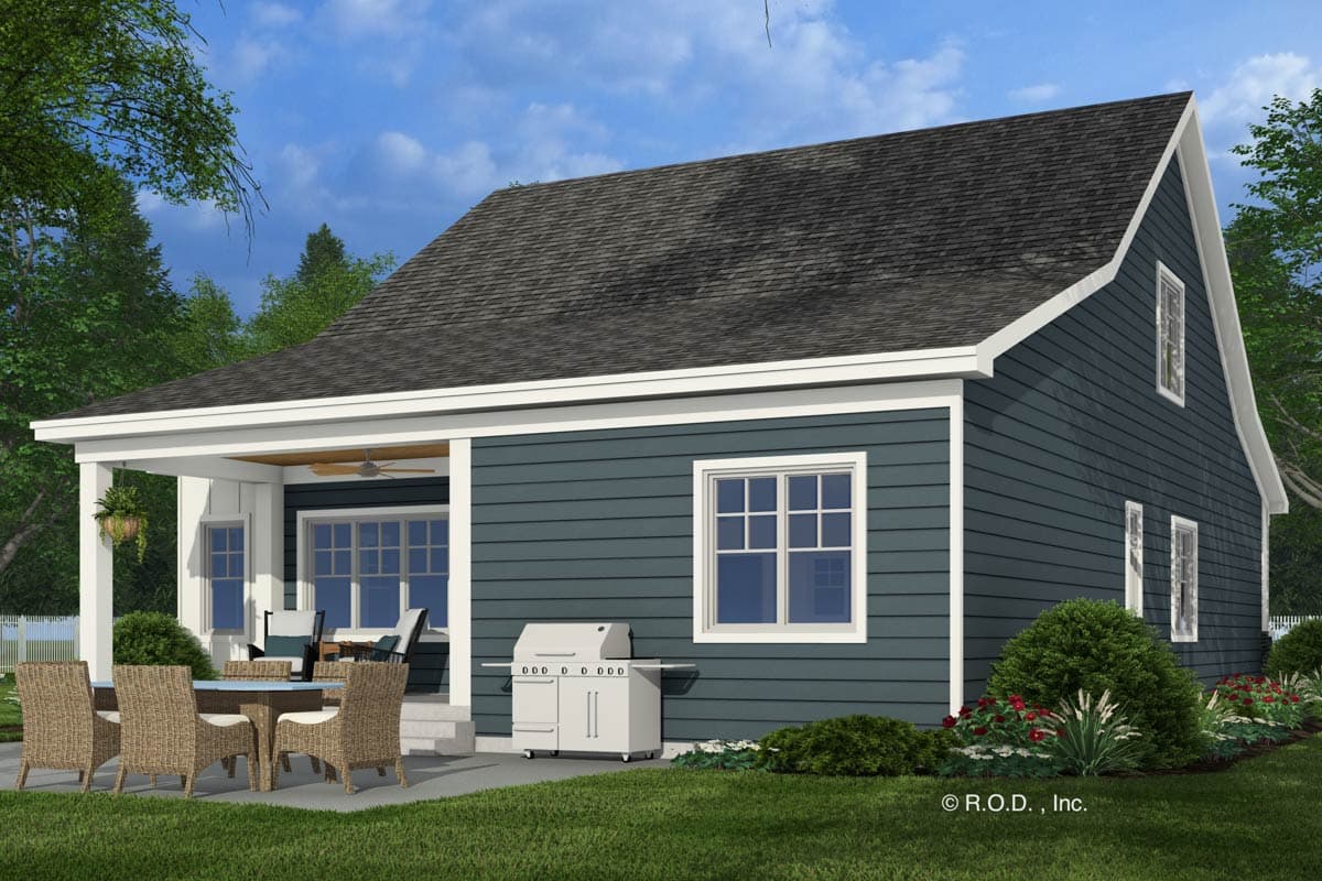 House plan exterior: one-story house with covered porch, hip roof, multiple windows, and horizontal siding.