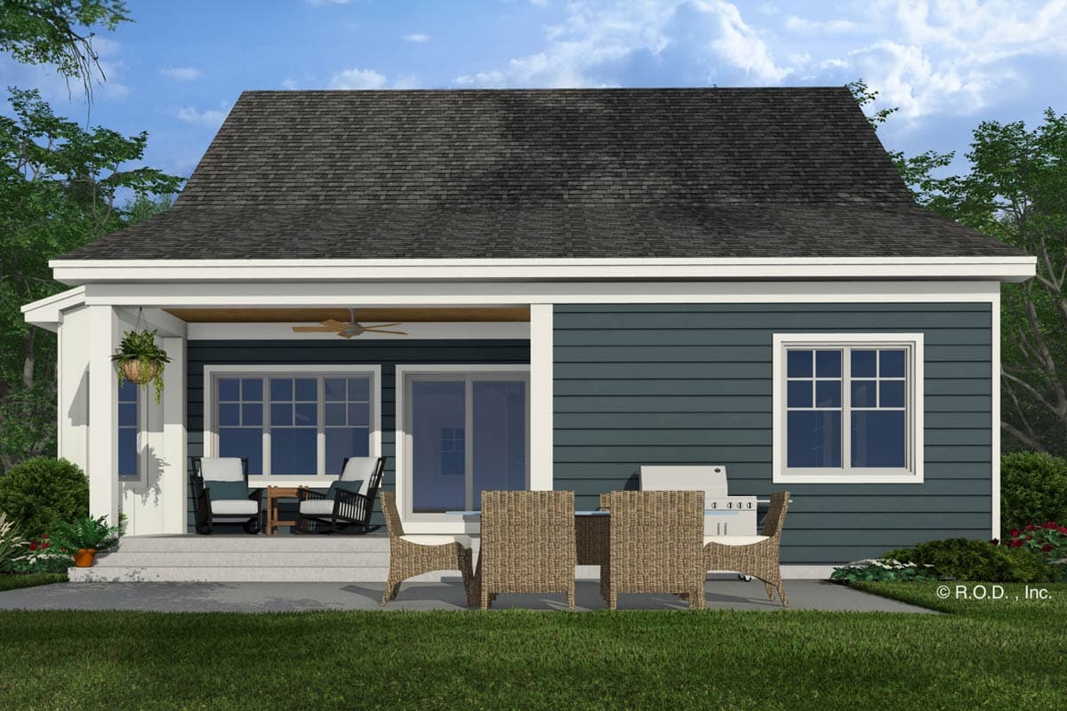 House plan exterior, one story, with covered porch, horizontal siding, and multiple windows.
