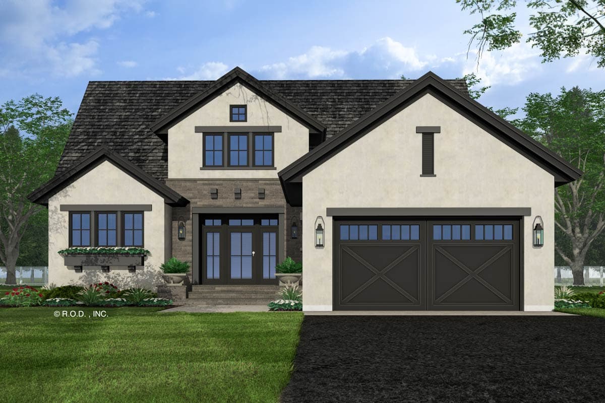 House plan exterior featuring a two-story design in a stucco and stone facade. Key elements include a front-facing garage, gables, and dark trim.