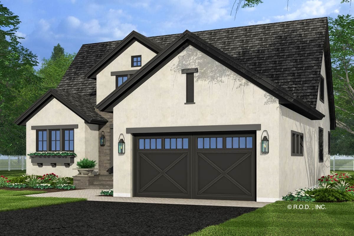 House plan exterior: stucco finish, dual garage doors with X-panel design, multiple gables, and dormer.