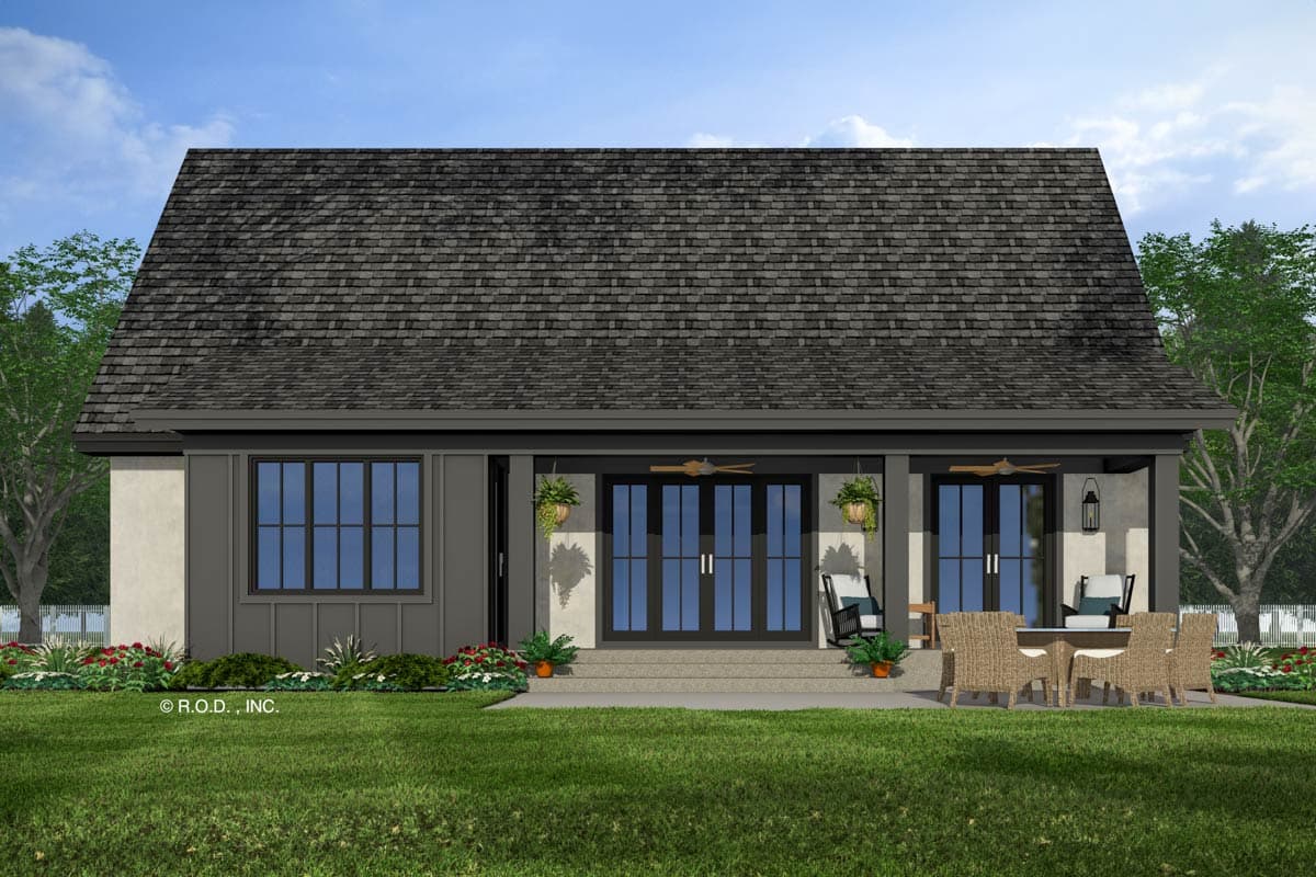 House plan exterior view of a one-story home with a covered porch, double doors, large windows, and a dark shingle roof.