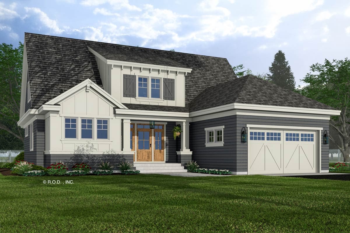 House plan exterior. Two-story Modern Farmhouse with a gabled roof, covered porch, and attached garage. Includes decorative shutters and trim detail.