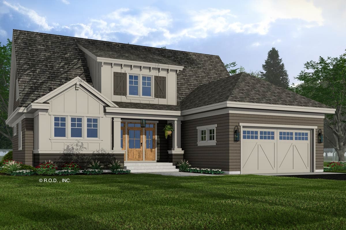 House plan exterior: Modern Farmhouse style, two stories, with a covered porch, gabled dormer, and attached side-entry garage.