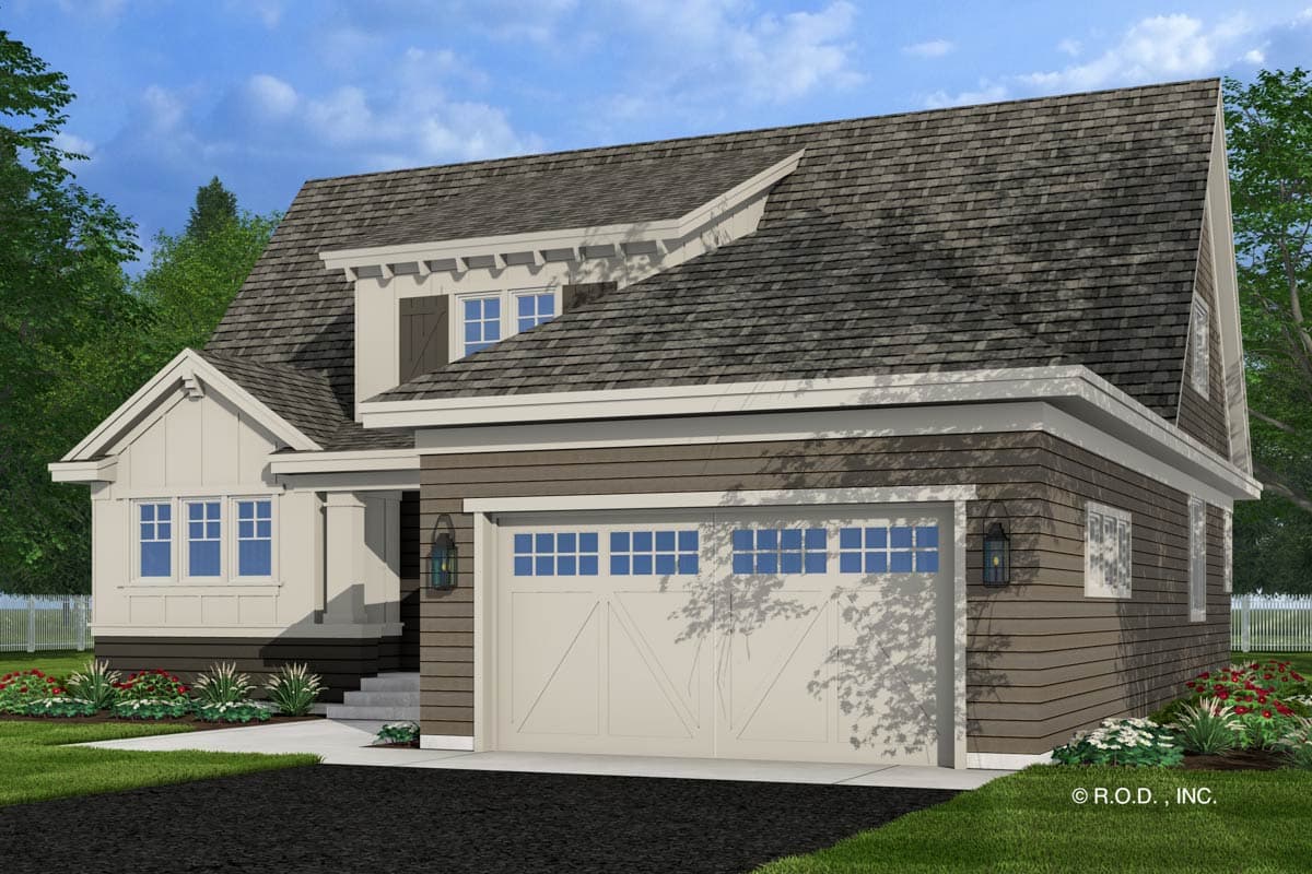House plan exterior: Modern Farmhouse style, two stories, side-entry garage, prominent gables, and a covered front porch.