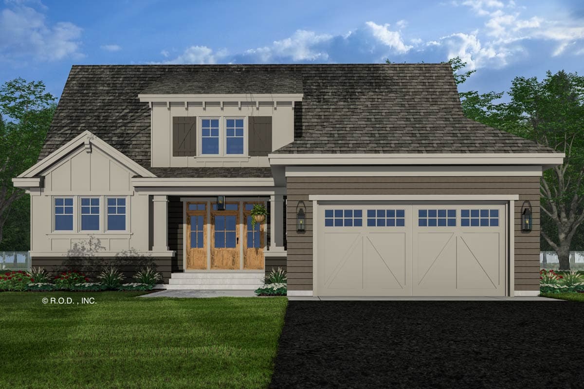 House plan exterior. Two-story Modern Farmhouse with gabled roof, covered entry porch, and attached garage with paneled doors.