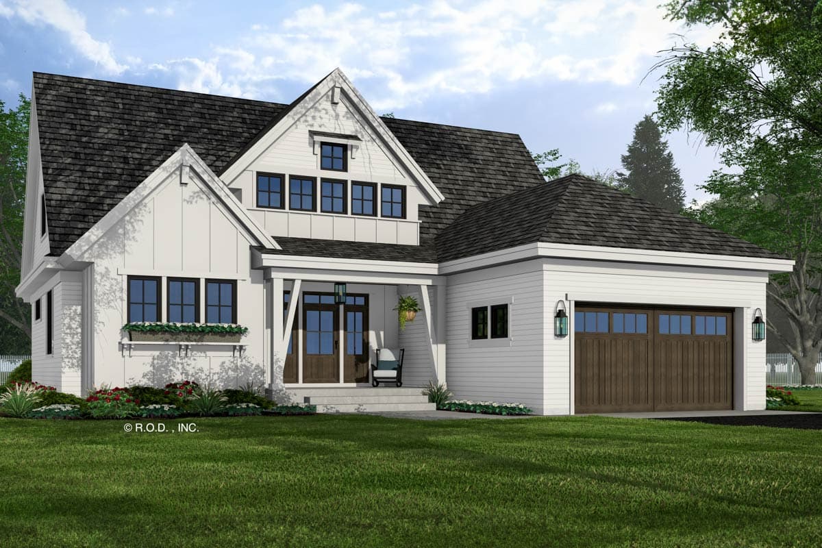 House plan exterior. Two-story Modern Farmhouse with gable roof, covered porch, board and batten siding, and attached garage.
