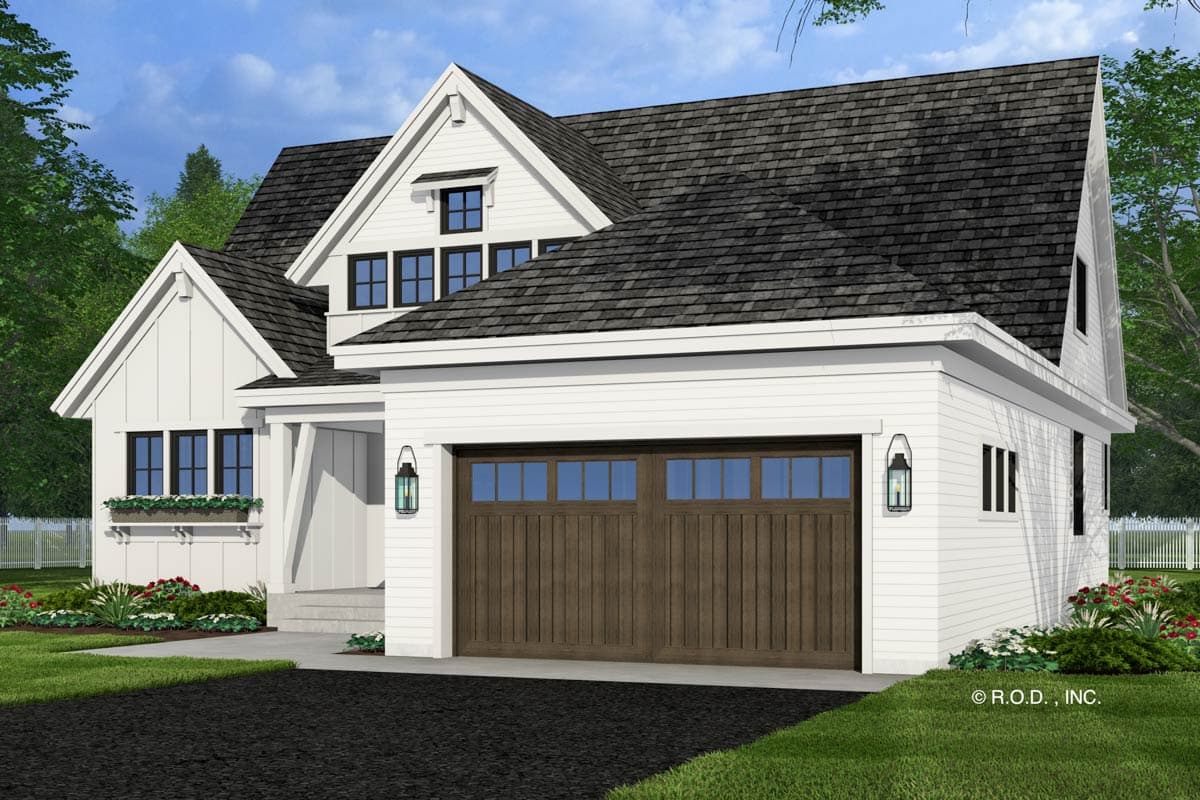 Modern Farmhouse house plan exterior with gabled roof, dormers, covered entry, and double garage door.