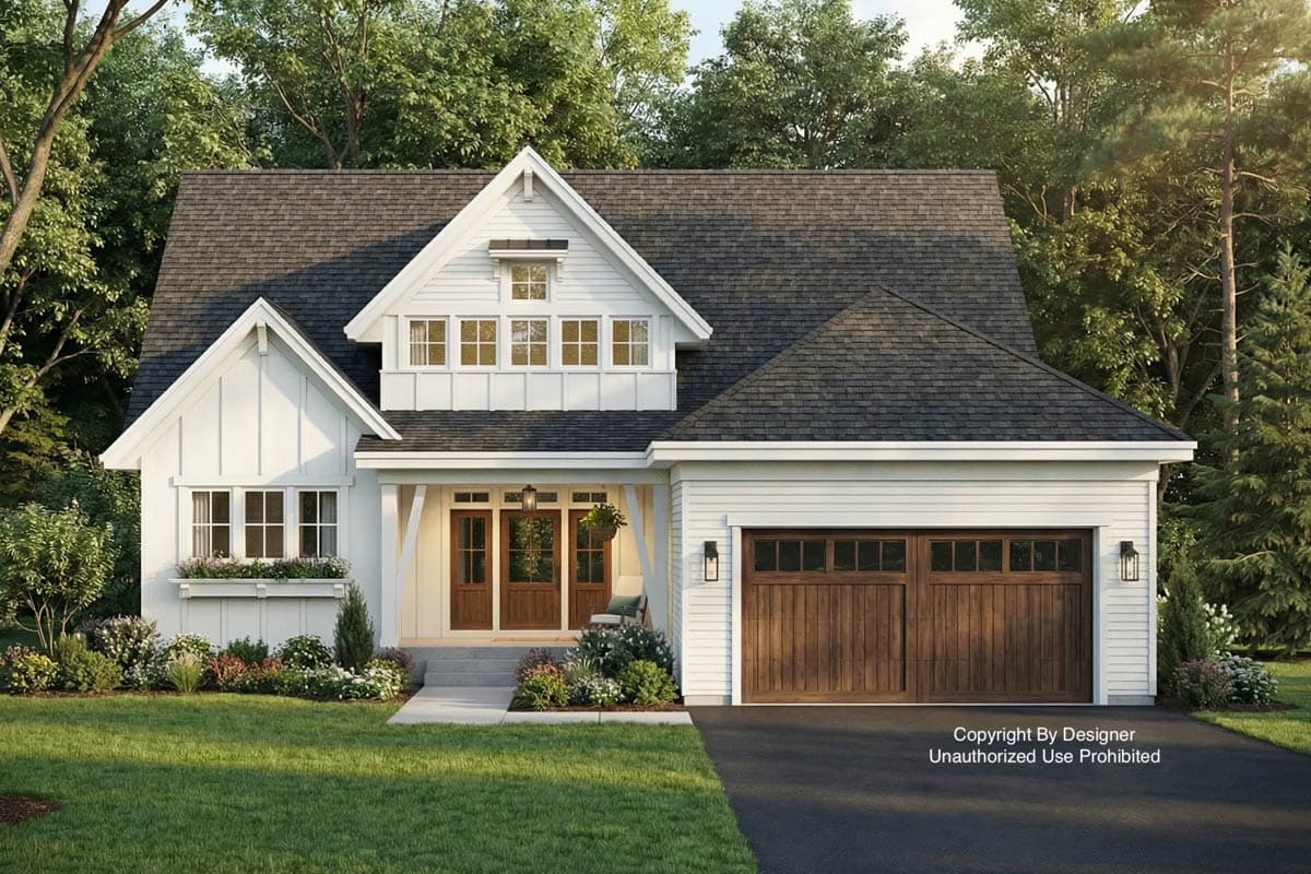 House plan exterior: Modern Farmhouse style, two stories, prominent gables, large wood garage door, and covered entryway with double doors.