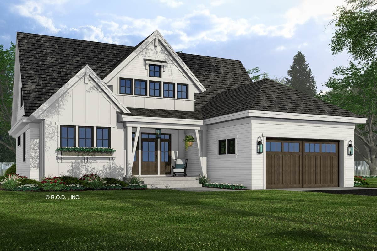 Modern Farmhouse house plan exterior with board and batten siding, prominent gables, covered front porch, and attached garage.