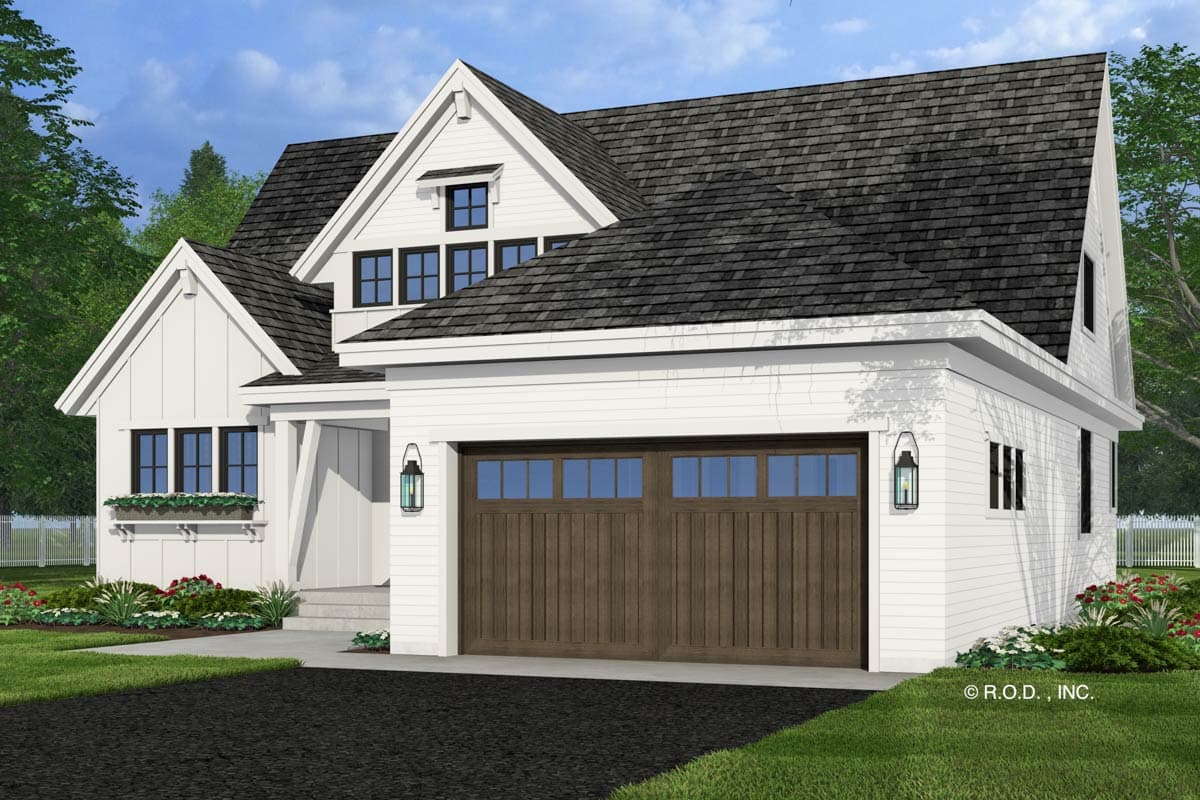 House plan exterior: Modern Farmhouse style, two stories, with a front-facing garage, gables, and dormers.