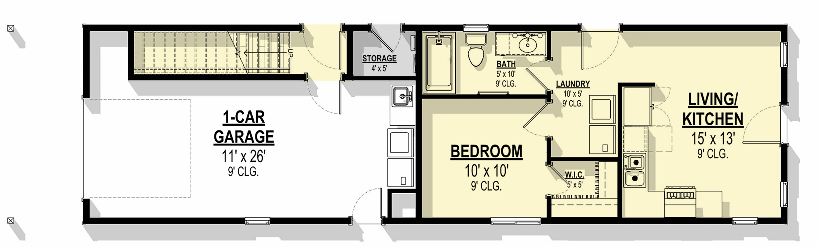 Plan 307722RAD: 3-Bed Narrow-Lot House Plan with Main Level Apartment - 1198 Sq Ft - Floor Plan - Main Level - Contemporary