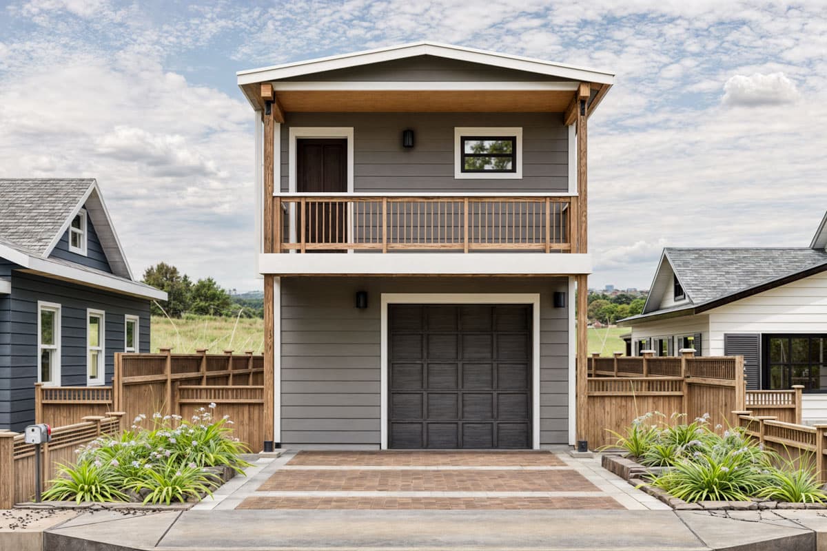 House plan exterior: Two-story home with a second-story balcony, single-car garage, and horizontal siding.