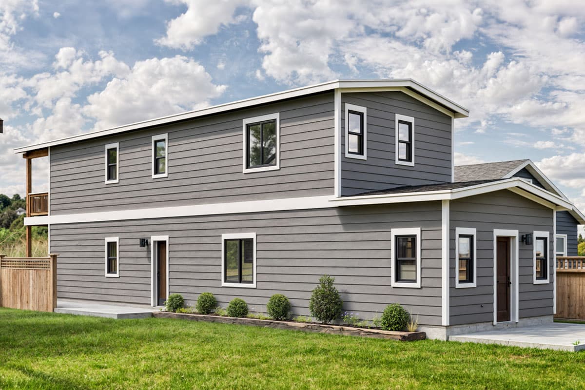 Two-story house plan exterior with horizontal gray siding, white trim, dark-framed windows, and a balcony.