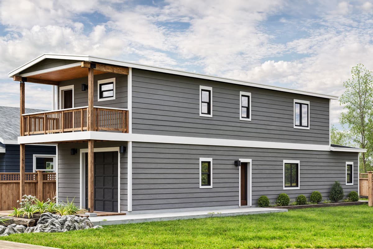 Two-story house plan exterior with covered porch, wood railings, and horizontal siding. Features dark windows with white trim, and a shed roof.