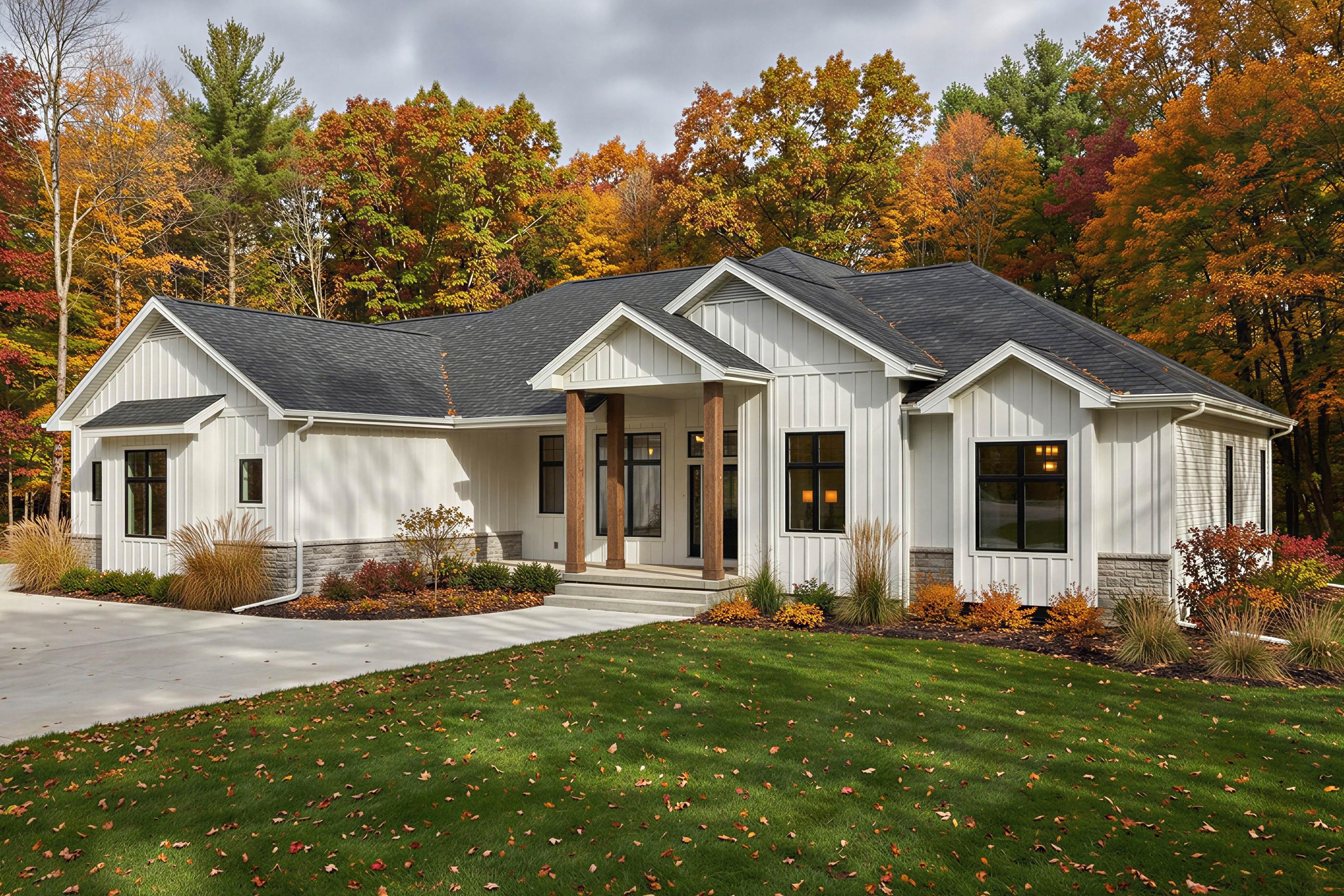 Modern Farmhouse house plan exterior with board-and-batten siding, stone accents, prominent gables, and a covered entry with wood posts.