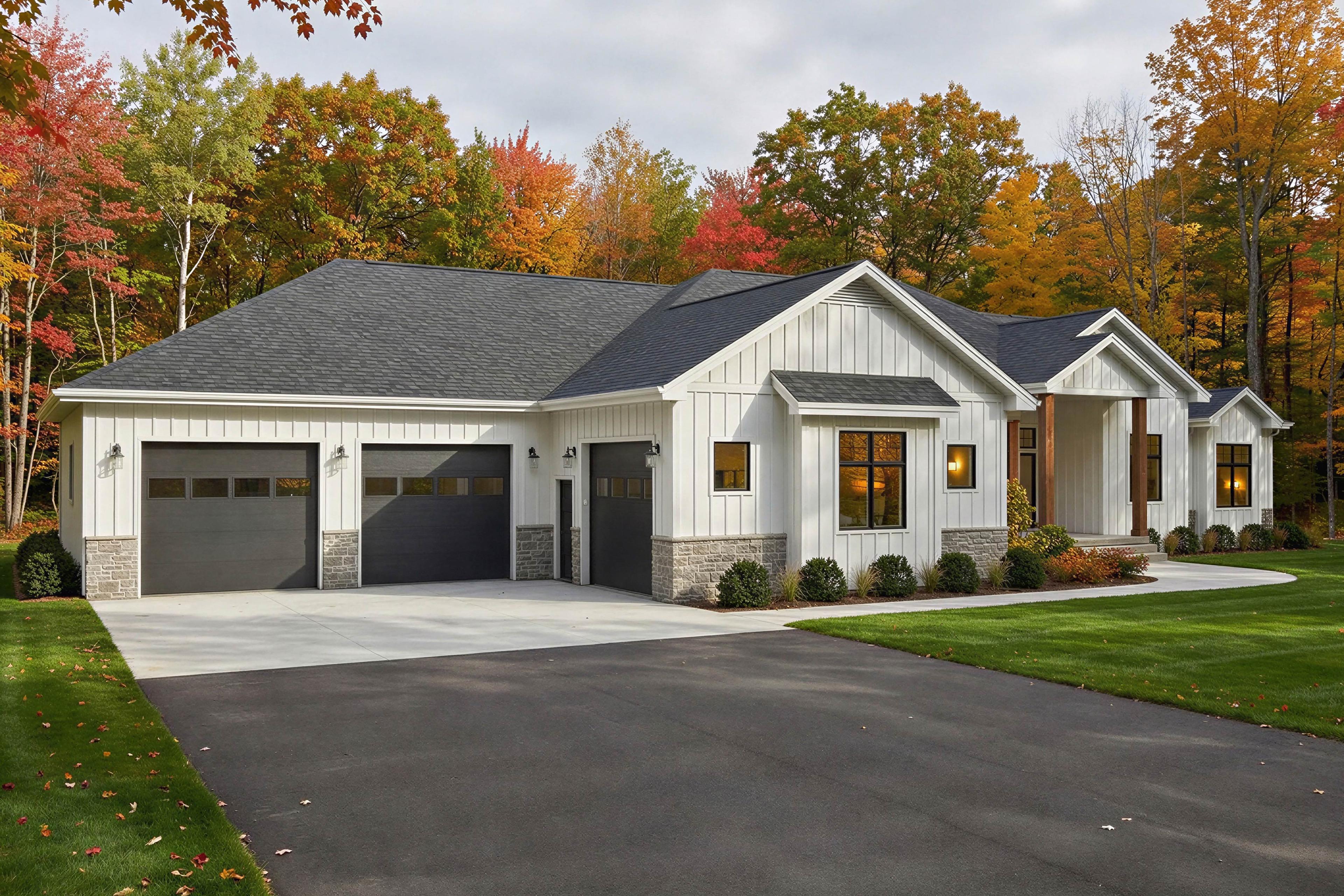 Modern Farmhouse style house plan exterior with a three-car garage, board-and-batten siding, stone accents, and gabled dormers.