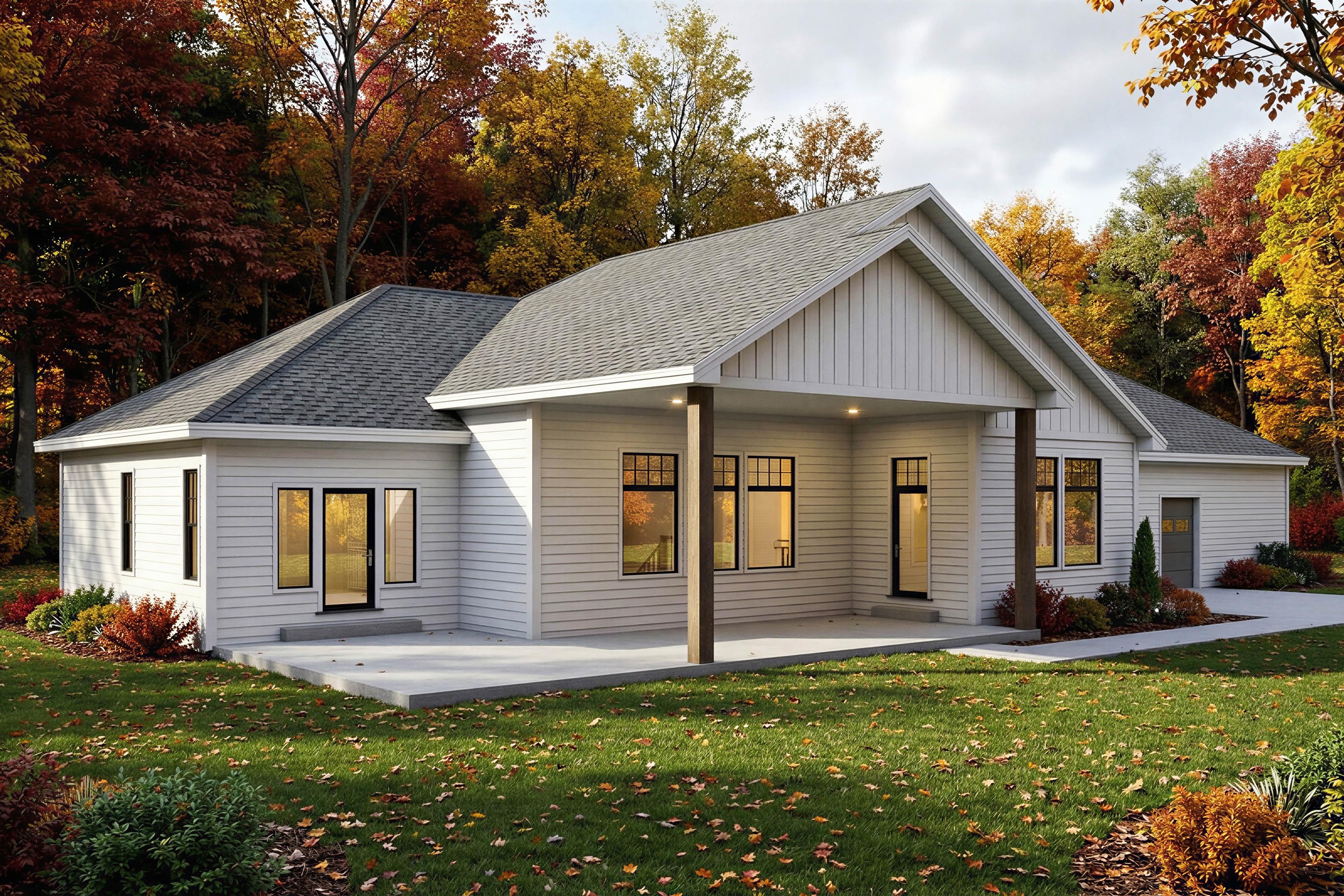 House plan exterior of a single-story Modern Farmhouse with a covered porch, gable roof, and attached garage.