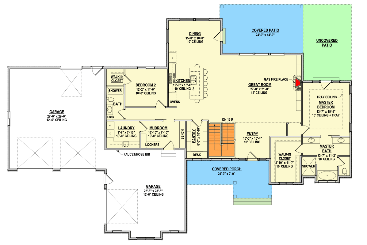 Plan 225011RBS: One-Story Craftsman House Plan with Finished Lower Level - 4534 Sq Ft - Floor Plan - Main Level - Craftsman, New American, Ranch