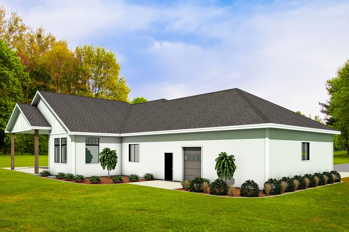 Ranch style house plan exterior with a covered entry, gabled rooflines, and a side-facing garage door.
