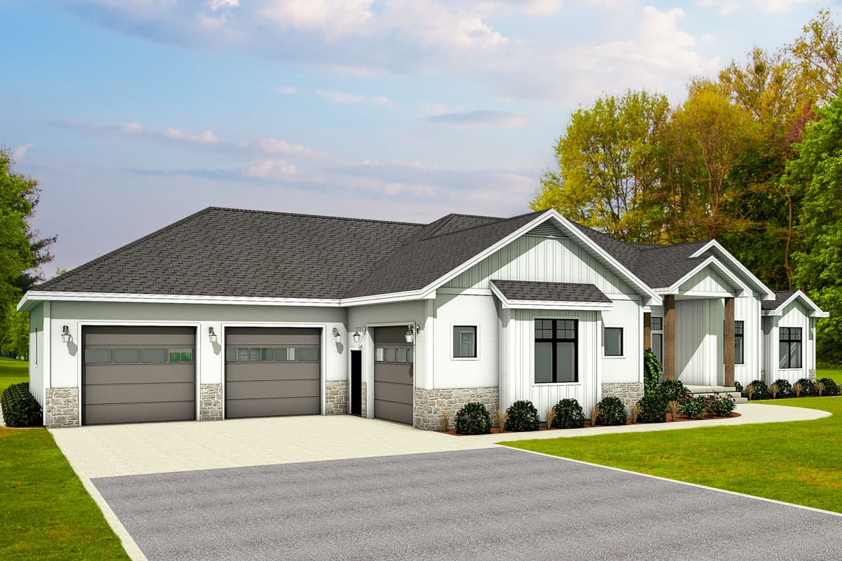 Ranch style house plan exterior with a four-car garage, stone accents, gable rooflines, and a covered front entry.