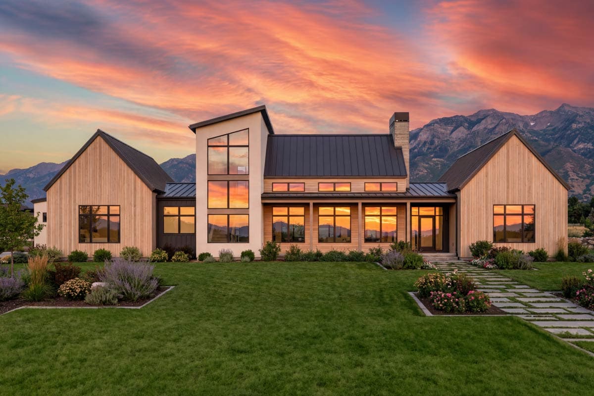 Modern house plan exterior with gable roofs, wood siding, metal roof, and a prominent multi-story window section.