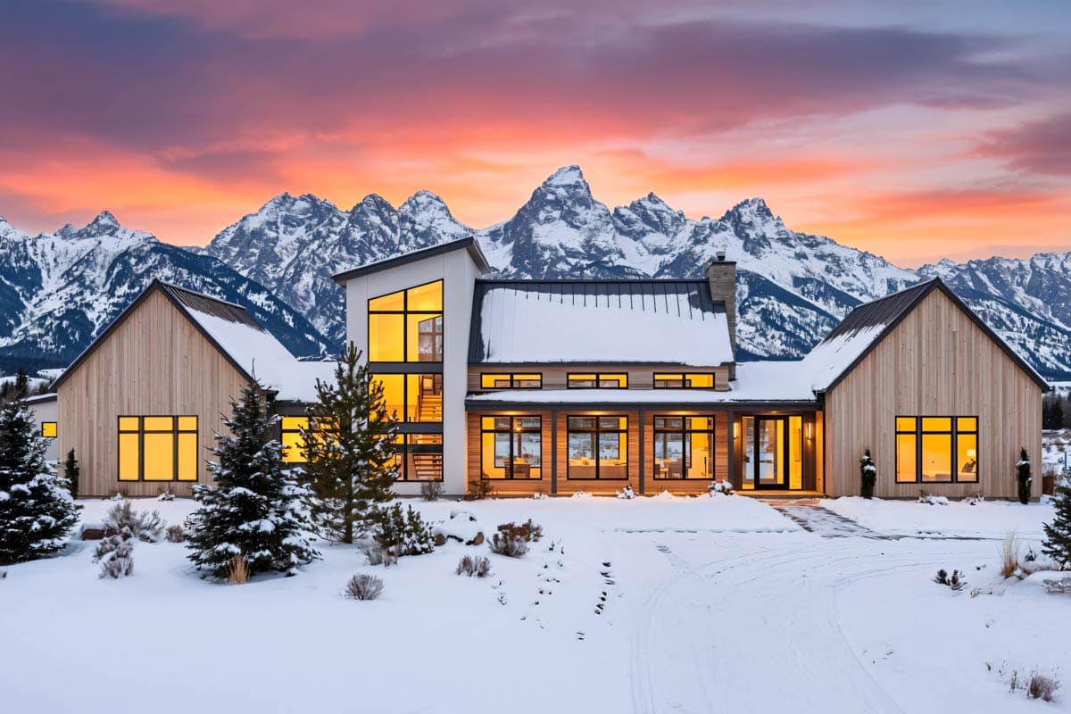 A modern, multi-gabled house in a snowy landscape with mountain range in background at sunset. Lit windows glow against the twilight.