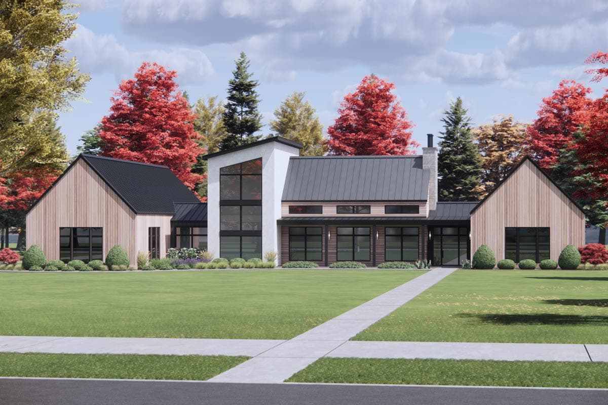 House plan exterior with asymmetrical gables, metal roof, vertical siding, and a prominent multi-story window wall.