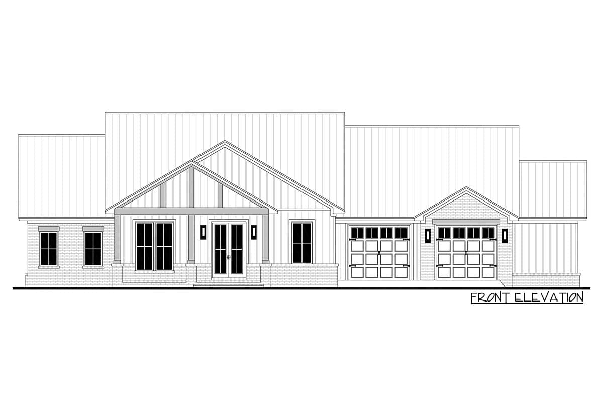 Front elevation house plan with a prominent gabled entrance, double garage doors, and hip rooflines.