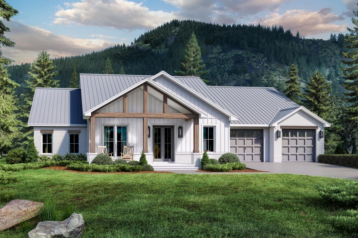 Modern Farmhouse house plan exterior with a covered porch, gable rooflines, and a triple garage.