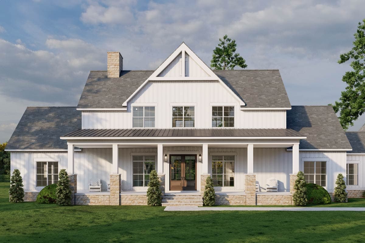 House plan exterior: two-story Modern Farmhouse with a wide covered porch, stone accents, gable dormers, and a prominent central gable.