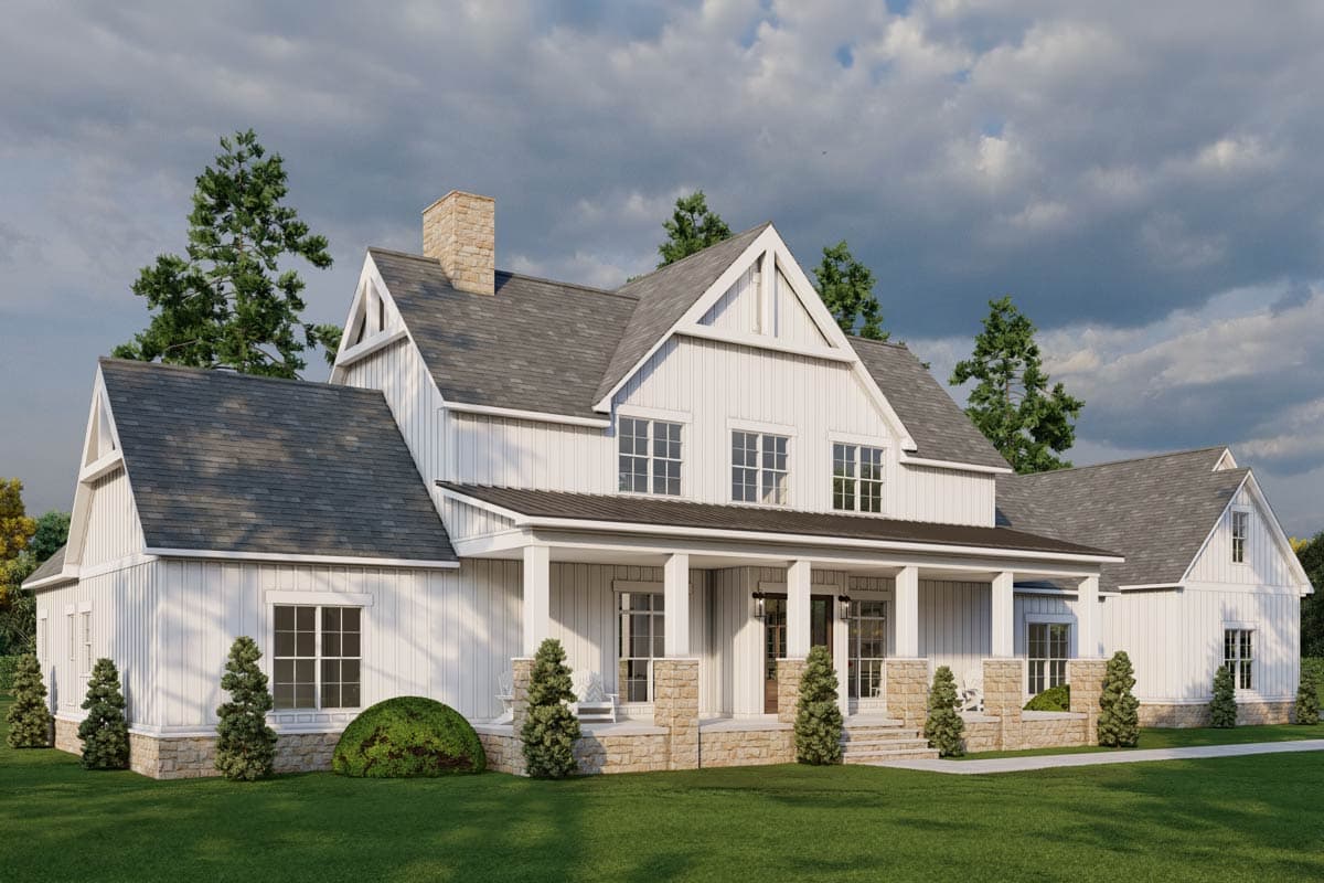 Modern Farmhouse style house plan exterior with a wrap-around porch, stone accents, gables, and a prominent stone chimney.