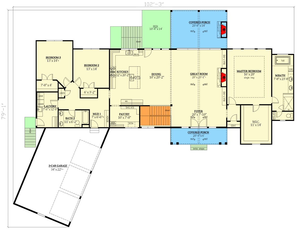 Plan 24419TW: 3-Bed New American Lake House Plan with Vaulted Rear Porch - 2800 Sq Ft - Floor Plan - Main Level - Craftsman, Modern Farmhouse, Mountain, New American